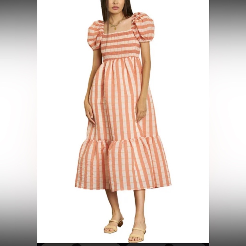 White and Orange Puff Sleeve Midi Sundress